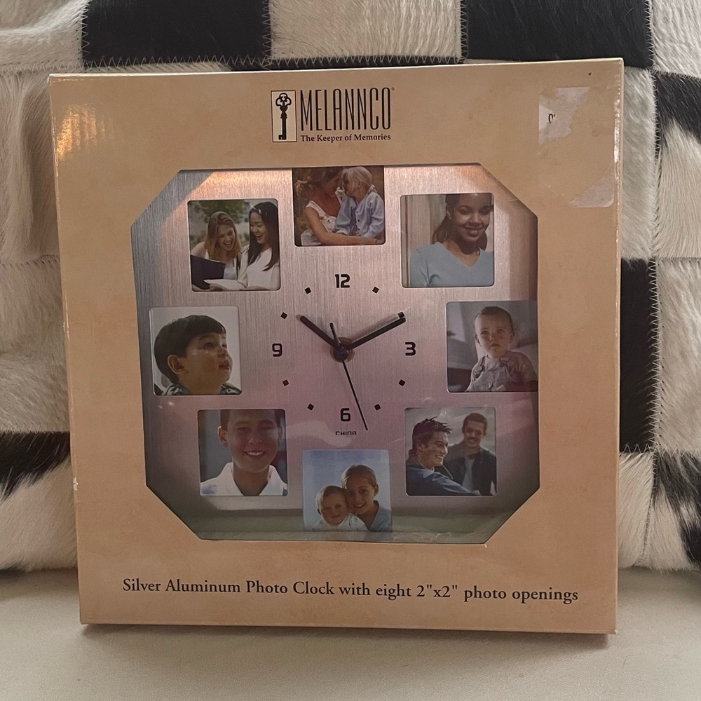 NWT Melannco Silver Aluminum Photo Clock 2" x 2" photo openings